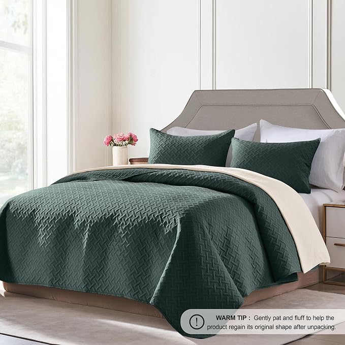 FLYMME Quilts King Size,Lightweight Forest Green Bedspreads,Basket Weave Pattern,Ultra Soft Microfiber Bed Coverlet 3 Pieces for All-Seasons (1 Quilt,2 Pillow Shams)
