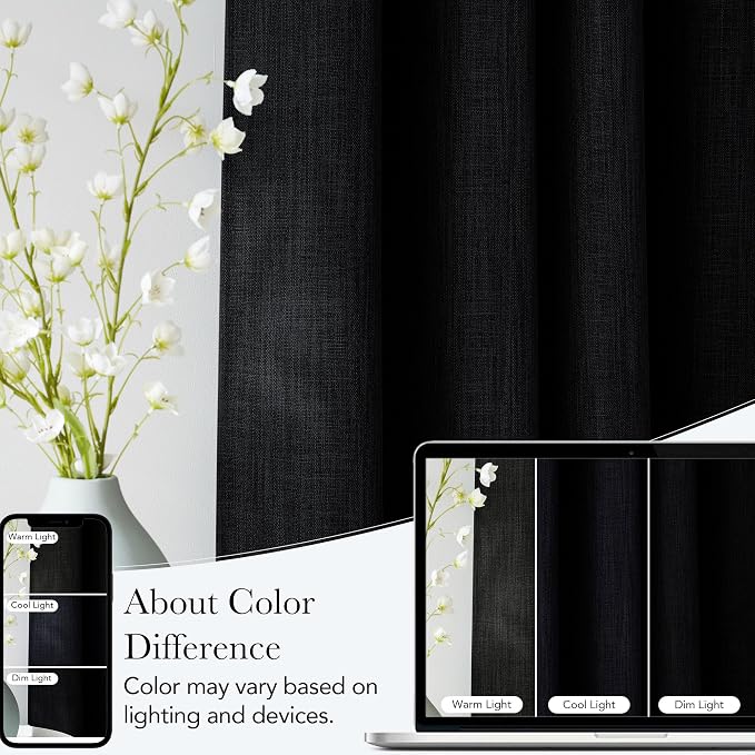 NICETOWN Faux Linen Black Blackout Curtains 84 inches Long for Living Room - Privacy Panels for Bedroom, Modern Farmhouse Style Easy Care Grommet Top, 2 Panels, W52 by L84