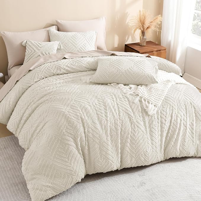 Litanika Oversized Queen Comforter Set, 3 Pcs Beige Tufted Boho Bedding Set | Farmhouse Shabby Chic Vintage Bohemian Textured Aesthetic Soft Fluffy Lightweight Breathable All Season Bed Set