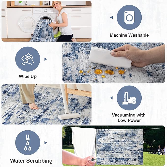 PLHXFR 8x10 Area Rug Living Room: Abstract Washable Carpet Blue Gray | For Bedroom Dining Room Farmhouse Nursery Home,Machine washable,Non Slip,Large Soft Neutral,Stain Resistant, Indoor Floor