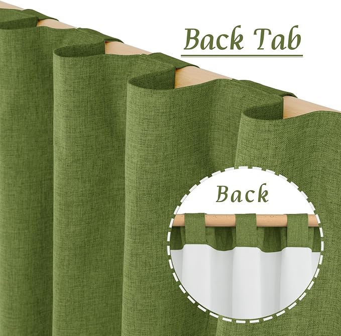 Full Blackout Linen Bedroom Curtains 54 Inch for Small Window | Sage Green, Thermal Drapes,Linen Textured, Privacy Protected, Rod Pocket Back Tab Panels, White Liner, 2 Panels, 52 x 54 Inch