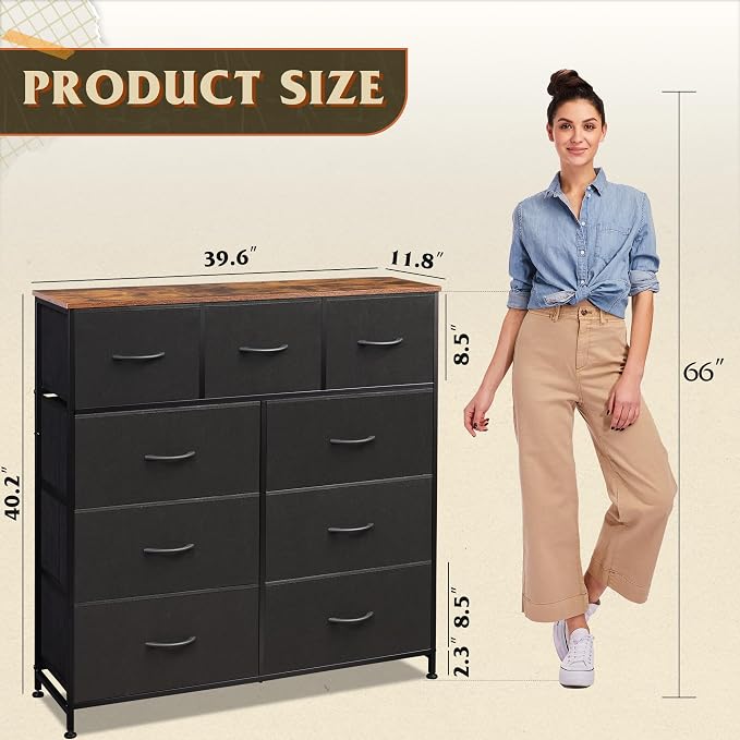 WLIVE Tall Dresser for Bedroom, 9 Drawer Dresser, Black and Rustic Brown | 9 roomy fabric drawers, Tall storage design, Bedroom or closet use, Chest of drawers, Smooth wood tabletop