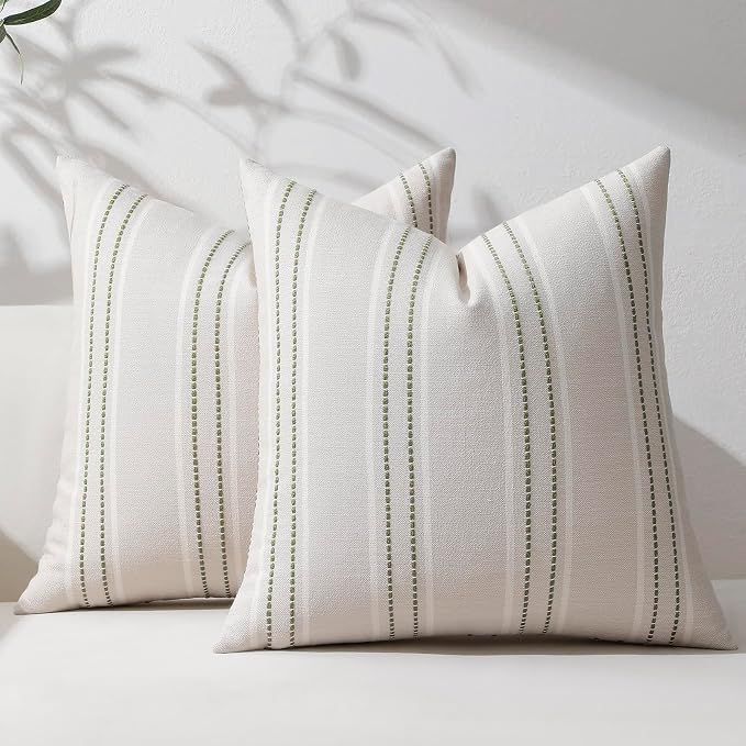 Hckot Sage Green Throw Pillow Covers 16x16 Set of 2 Striped Pillow Covers Christmas Decorative Pillows Square Cushion Covers for Sofa Couch Bed Living Room Farmhouse Decor, Green