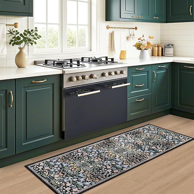 PLHXFR 2.6x8 Washable Runner Rug：Floral Indoor Kitchen Carpet Dark Black | For Hallway Bedroom Kitchen Laundry Bathroom Dorm,Vintage Floral,Machine washable,Non Slip,Stain Resistant,Indoor Floor