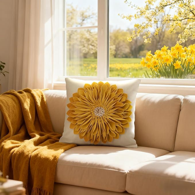 OiseauVoler Decorative 3D Sunflower Throw Pillow Covers 18x18 Inch Yellow | Handmade Pillowcases Cushion Covers for Bed Living Room Farmhouse Decor
