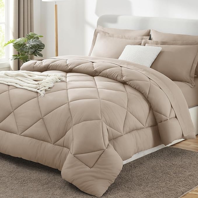 Full Size Comforter Sets Wheat - 7 Pieces Complete Bedding Set | OEKO-TEX Certified, All Season, 240GSM Down-Alternative Comforter, Sheets, Pillowcases & Shams, 14" Deep Pocket, Easy Care