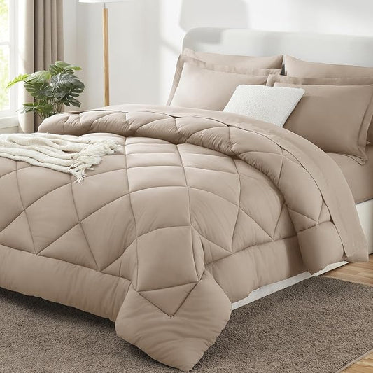 Full Size Comforter Sets Wheat - 7 Pieces Complete Bedding Set | OEKO-TEX Certified, All Season, 240GSM Down-Alternative Comforter, Sheets, Pillowcases & Shams, 14" Deep Pocket, Easy Care