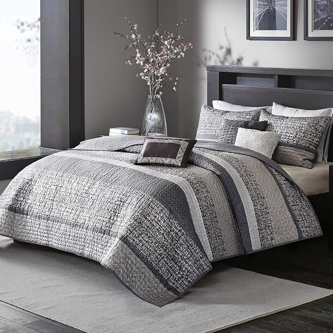 Madison Park Lustrous Jacquard Grey/Taupe Queen Quilt Set, 6pc | All Season Bedding Set, Glitter Accent Coverlet Set, Machine Washable, Cozy, Breathable, Soft, Modern, Casual