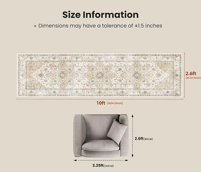 AMADA HOMEFURNISHING 2'6"x10' Washable Area Rug, Low-Profile Entryway Rug with Non-Slip Backing & Durable Edge Binding, Vintage Rug Pattern, Small Rugs for Entryway, Kitchen & Living Room