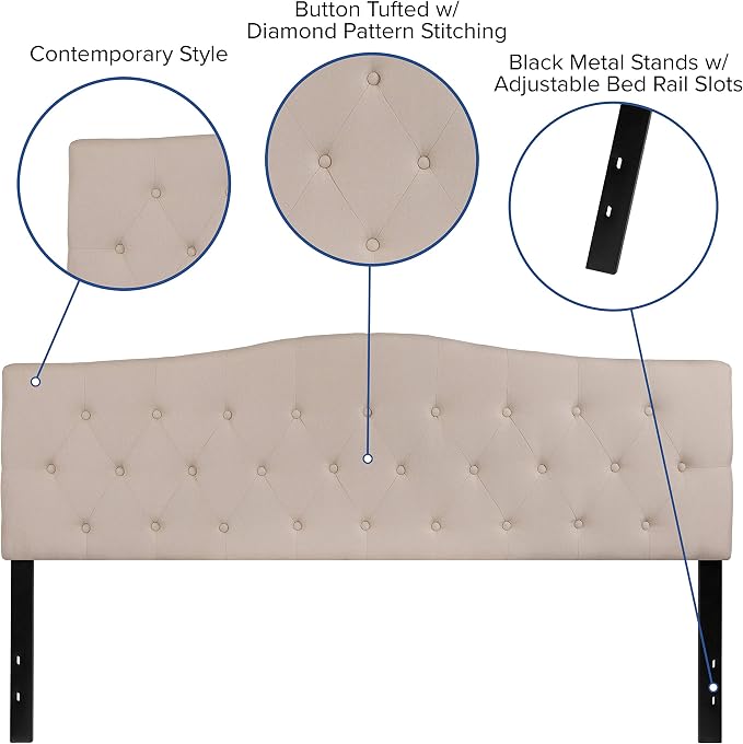Emma + Oliver Beige King Tufted Headboard | Adjustable Bed Rail Slots, Fabric Upholstered