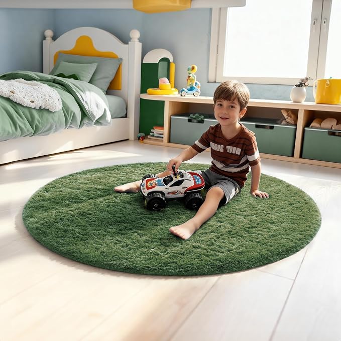 Ophanie Round Rug 4Ft Grey Green Circle Area Rug, Grayish Green Room Decor, Fluffy Fuzzy Bedroom Carpet, Plush Soft Shaggy Living Room Rugs for Kids Home Aesthetic, Nursery with 99 pcs Pile fibers