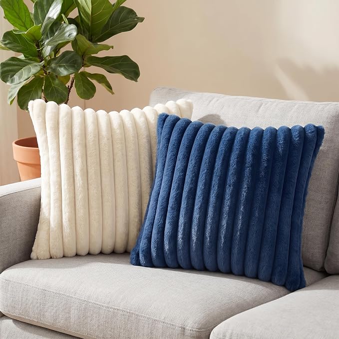 Pack of 2 Throw Pillow Covers 18x18 Decorative Solid Plush Faux Fur with Soft Velvet Back, Square Striped Cushion Cases Modern Farmhouse Home Decor for Living Room Couch Sofa Bed Navy Blue