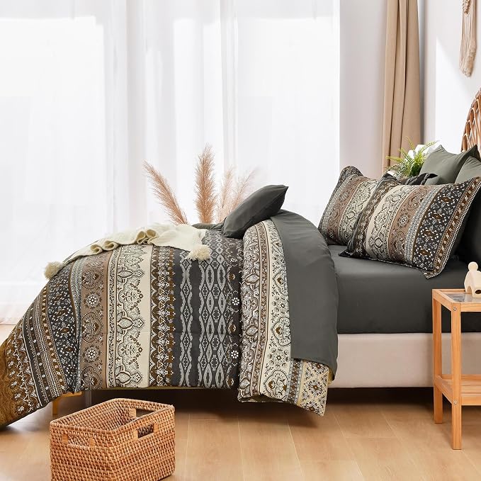 Cottolester Boho Queen Comforter Set 8 Pieces,Brown Black Bohemian Comforter Paisley Striped Bed in A Bag,Soft Microfiber Bedding Set for All Season