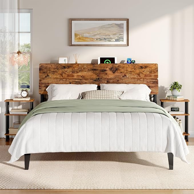 HOOBRO Height-Adjustable Headboard with Outlets, Headboard Queen Size Only | Headboard with Storage, Outlets, USB Ports, Queen Size Headboard Only, Metal Headboard with Adapters for Bed, Rustic Brown