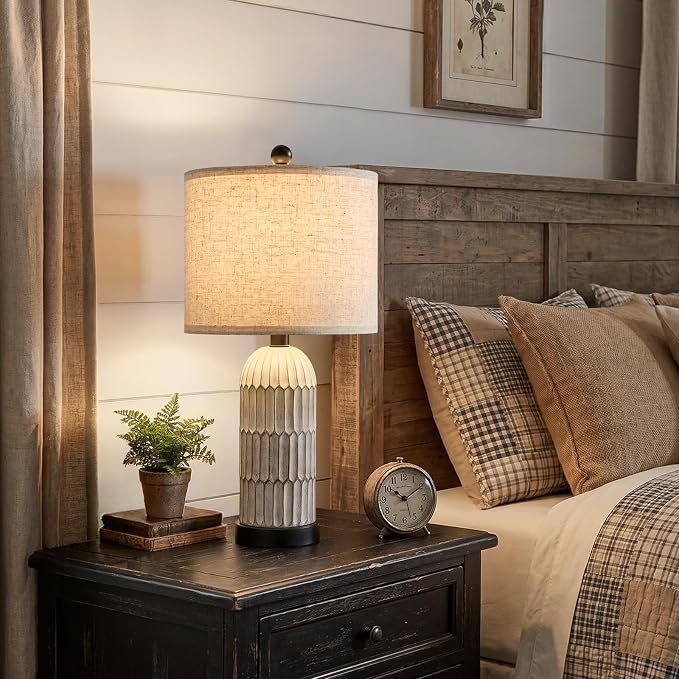 OYEARS 22.5" Bedside Table Lamps Set of 2, Farmhouse Table Lamp with USB A+C Charging Ports,Vintage Nightstand Lamp for Bedrooms and Living Rooms, Retro Resin End Table Lamp with Linen Shade, Black