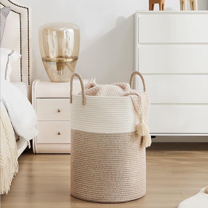 YOUDENOVA Woven Rope Laundry Hamper Basket, 58L Tall Laundry Basket, Baby Nursery Hamper for Blanket Storage in Bedroom-Large-Brown | Large Woven Laundry Hamper with Sturdy Handles, Collapsible Home Decor Laundry Basket for Laundry, Clothes, Toys in Be...