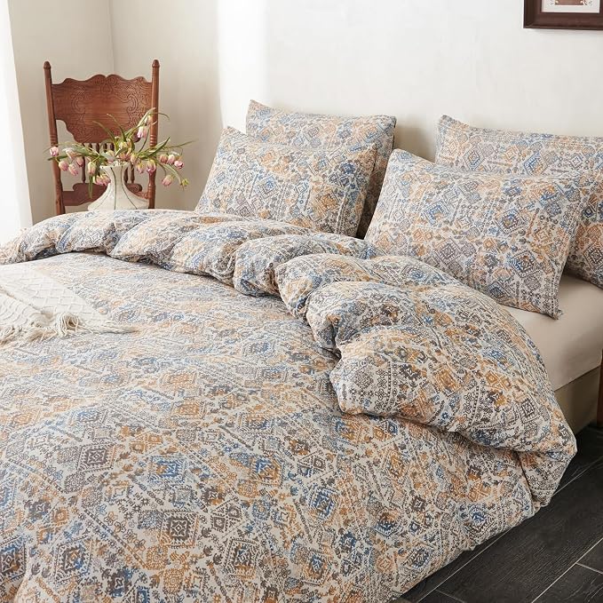 Queen Comforter Set Boho Soft 3 Pieces Chic Retro Boho Print Bohemian Comforter for All Seasons Luxury Warmth Comfy Breathable with 2 Pillowcases