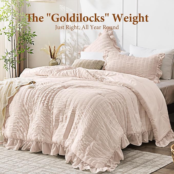 JOLLYVOGUE Oversized King Comforter Set, 3 Pieces Beige Seersucker Comforters, Lightweight & Fluffy Bedding Sets for All Season with 1 Ruffle Comforter and 2 Ruffle Pillowshams