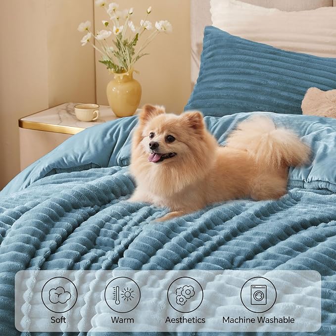 BEDELITE Fleece Full Comforter Set, Fluffy Bed Set, Blue Fog | Super Soft & Warm Bedding, Luxury Fuzzy Faux Fur Comforter for Winter, Heavy Plush Bedding, with 2 Pillowcases