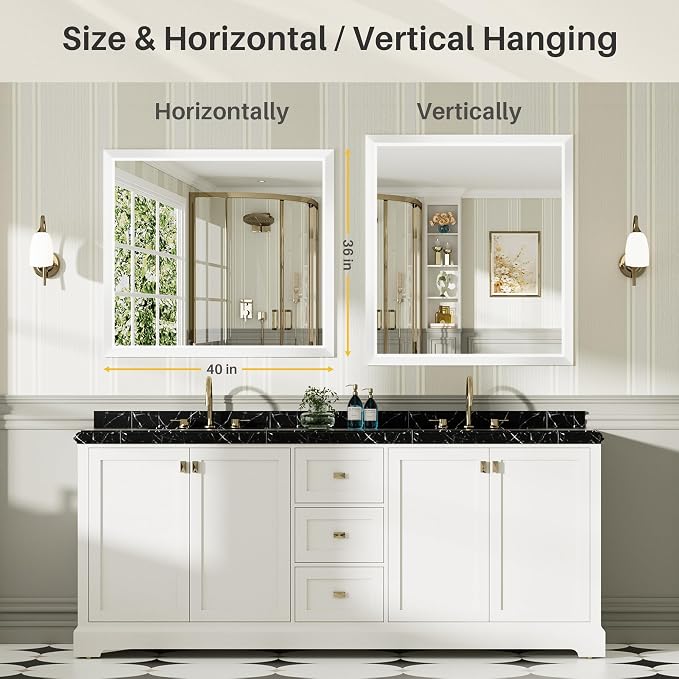 Bathroom Wall Mirror, White Metal Frame, 40x36 Inch | Anti-rust, HD tempered glass, for bathroom vanity, bedroom, living room, horizontal or vertical mount