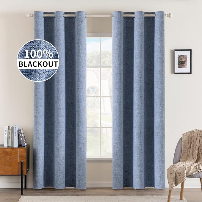 MIULEE 100% Blackout Linen Curtains for Bedroom 42x90 Inches Stone Blue | Room Darkening, Light Blocking, Thermal Insulated, Grommet Top, Linen Textured, Window Curtains for Living Room, 2 Panels
