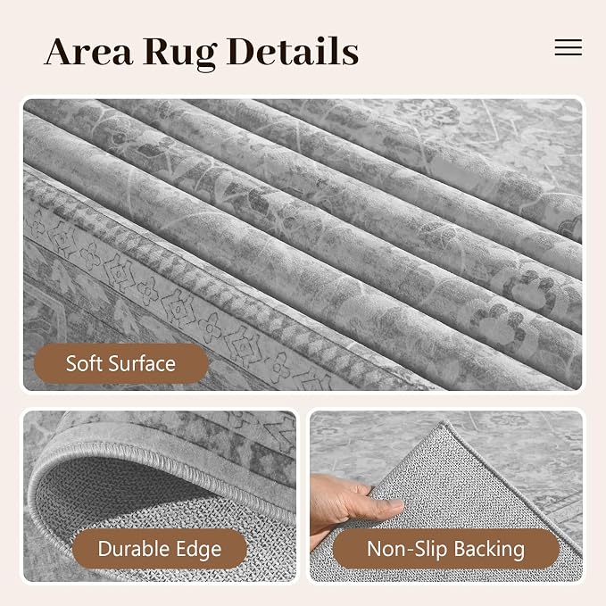 5x7 Ft Area Rugs for Living Room, Soft Non-Slip Machine Washable Rug, Vintage Stain Resistant Carpets for Bedroom Nursery Dining Room Home Decor (Grey)