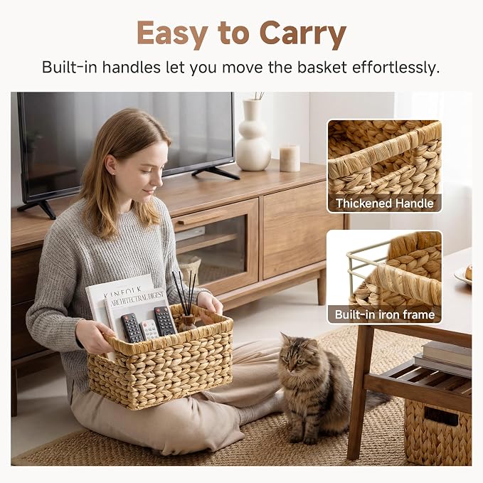 StorageWorks Wicker Basket, Baskets for Organizing, Storage Basket with Built-in Handles, Water Hyacinth Shelves (Medium 4-Pack, Natural Hyacinth)
