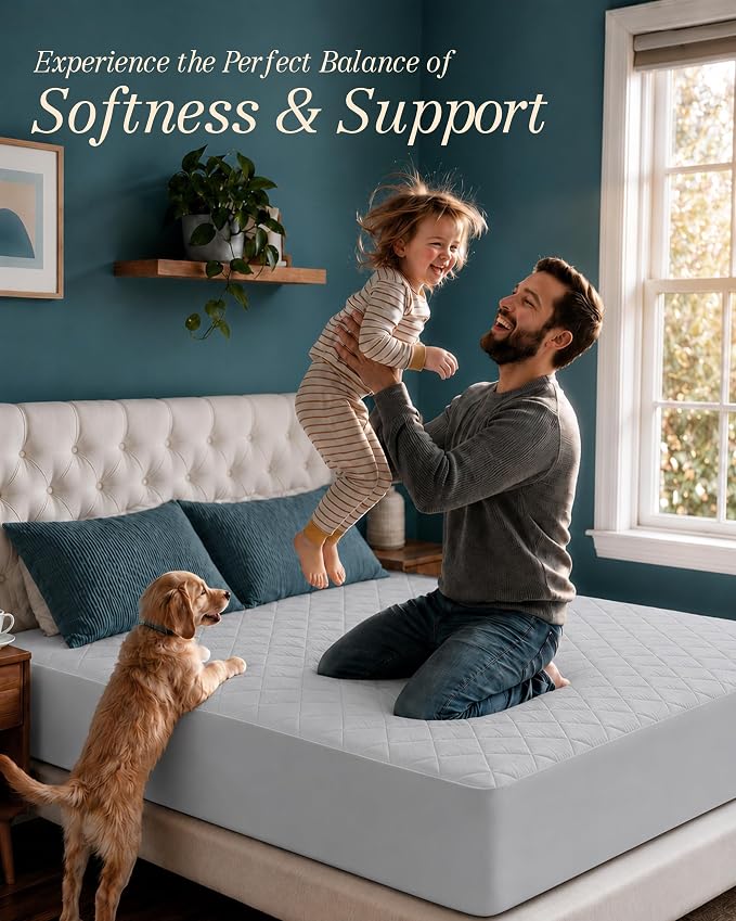 Quilted Mattress Pad Full Mattress Protector Topper fits 16" Deep LightGrey | Soft Breathable Fitted Mattress Cover, Noiseless, Deep Pockets & Machine Washable for Home & Hotels by Utopia Bedding