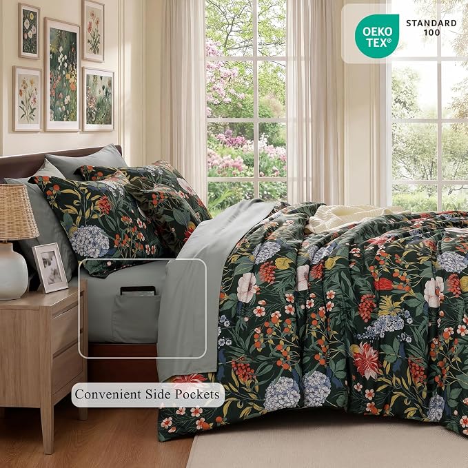 King Size Comforter Set-7 Pieces Green Floral Bed in a Bag King Bedding Set | All Season Botanical Flowers Comforter Set with Sheets, Pillowcases & Shams
