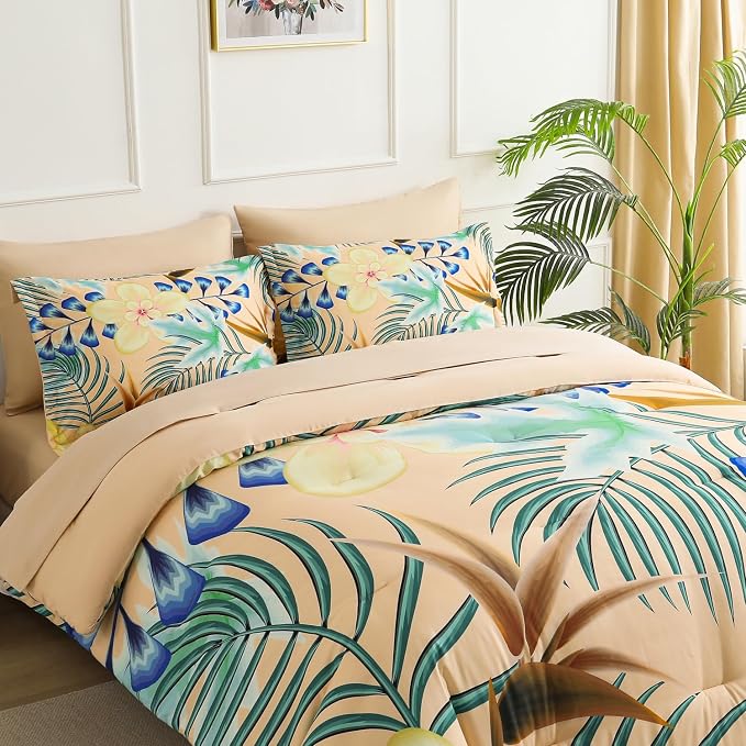 Yogeneg 7 Piece Bed in a Bag Queen Size Comforter Set Khaki Bedding Set,Yellow Floral Green Leaves Pattern Reversible Design,Soft Microfiber Comforter with Sheet Set,All Season(Khaki,Queen)