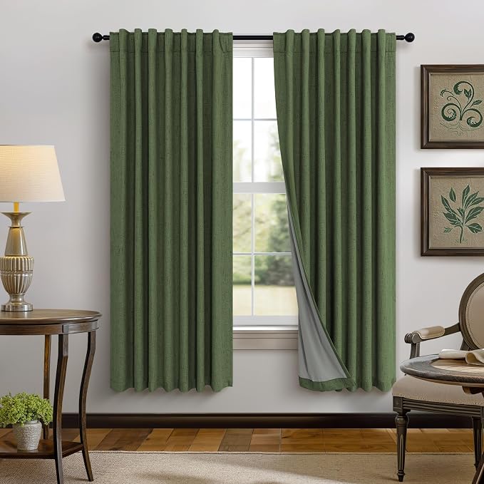 Ptialk Elegant Blackout Curtains for Living Room Eclectic Moody Dark Olive Green Linen Curtains 72 Inch Length 2 Panels Set Long Drapes for Closet Cover Back Tab Rod Pocket Hunter Green 52x72