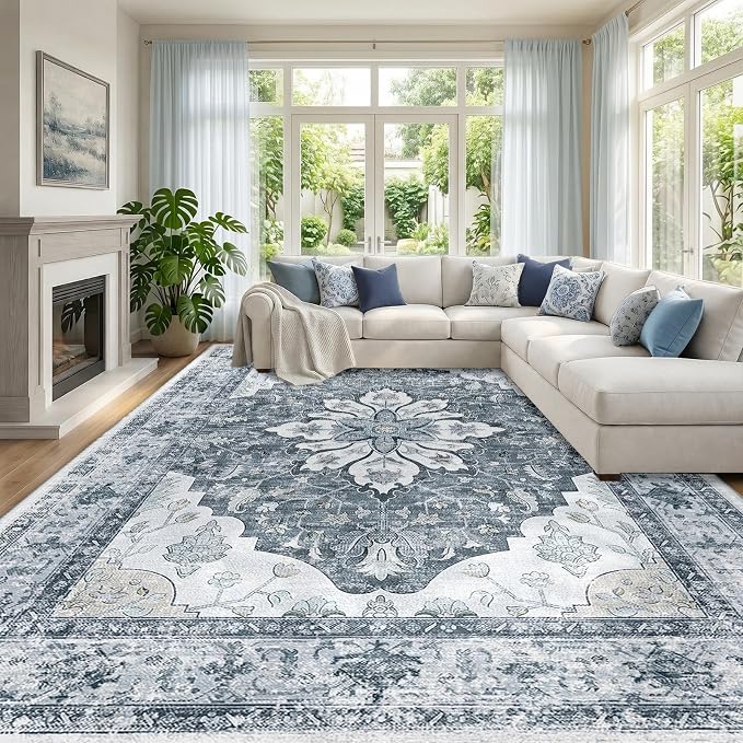 RELEANY Washable Area Rug, Large 9'x12', Grey/White/Beige | Non-Slip, Water Repellent, Pet Friendly, Easy to Clean, Vintage Floral Boho Decor for Living Room Bedroom Dining Room