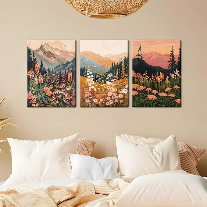 Framed Wildflower Mountain Landscape Wall Art Set of 3, Colorful Floral Wall Decor, Boho Sunset Landscape Canvas Artwork, Earth Tone Botanical Poster Prints for Living Room Bedroom 12x16 Inch