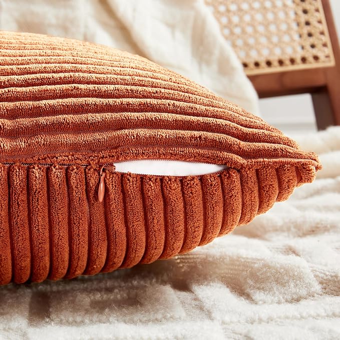 Fancy Homi Set of 2 Burnt Orange Samll Decorative Throw Pillow Covers 12x12 Inch for Living Room Couch Bed, Boho Farmhouse Fall Home Decor, Soft Corss Corduroy Patchwork Textured Cushion Case 30x30cm