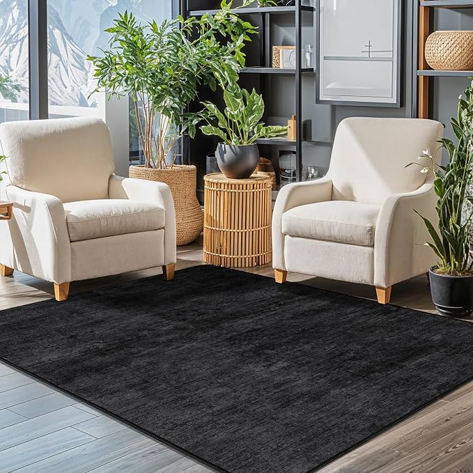 4x6 Washable Area Rug, Black Solid Area Rugs for Living Room & Bedroom | Stain-resistant & Non-slip backing,Low Pile Washable Large Carpet, Solid Vintage Style For High Traffic Areas(4x6,Black)
