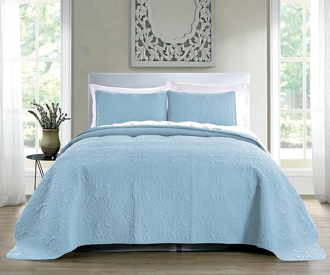 Pure Bedding Quilt Set Full/Queen Size Sky Blue - Oversized Bedspread - Soft Microfiber Lightweight Coverlet for All Season - 3 Piece Includes 1 Quilt and 2 Shams, Geometric Pattern