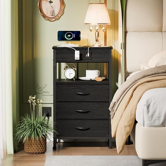 Furnulem Night Stand with Charging Station, 3 Drawers Bedside Table, Black | 28.3 Inch Tall Dorm Nightstand for Bedroom, Small Storage End Table with Outlets, 3 Fabric Storage Drawers, 3 Ways to Use