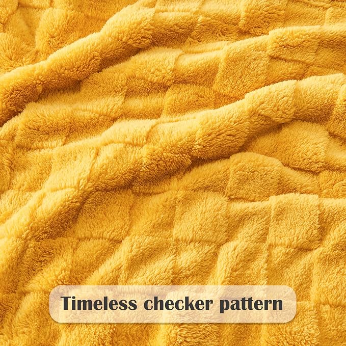 NEWCOSPLAY 3D Checkered Flannel Throw Blanket, Mustard Yellow, 50"x70" | Super Soft Cute Lightweight Decorative Premium Silky Fleece Blanket for Couch Sofa Bed, Gift for Women Men, All Season Use