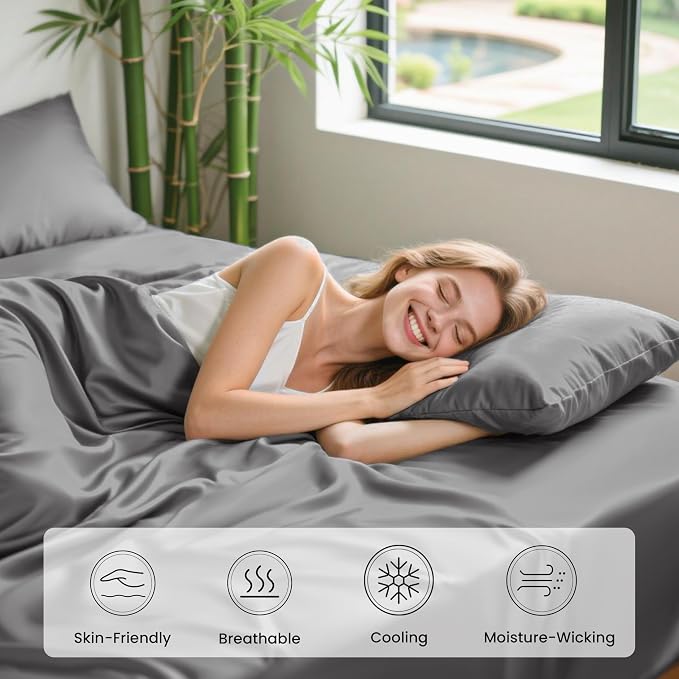 Love's cabin 4 Piece Queen Sheet Set, 100% Rayon Derived from Bamboo, Cooling & Breathable, Soft Silky Deep Pocket up to 16", Hotel Luxury Bedding for Hot Sleepers, Grey