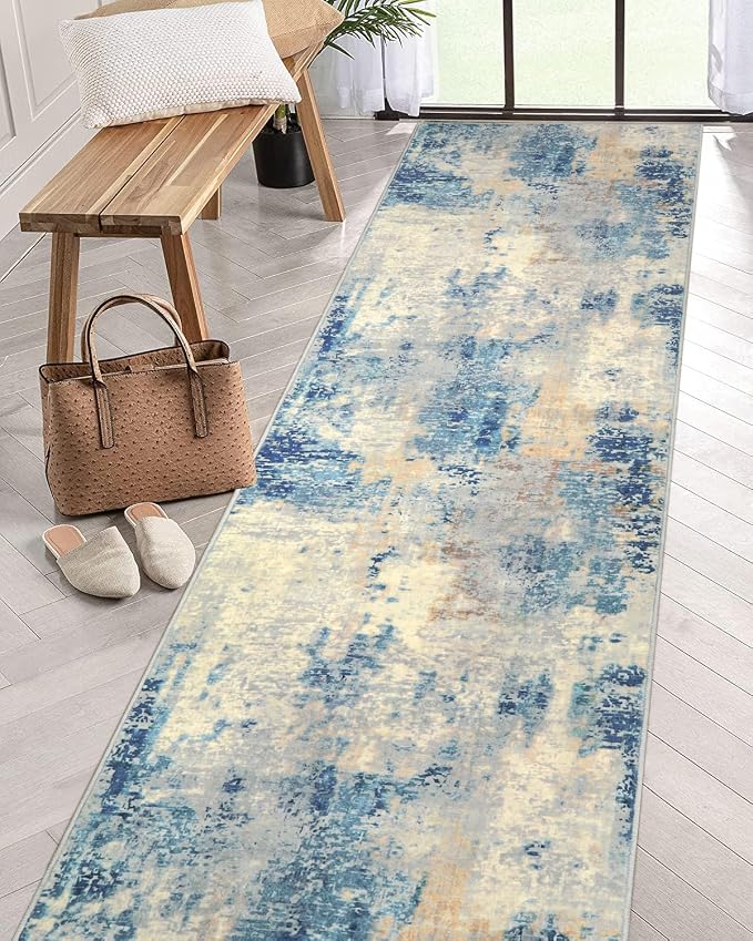 Lahome Modern Abstract Bathroom Runner Rug 2x8, Washable Entryway Rug Runners for Hallways Non Slip, Soft Non Skid Kitchen Carpet Runner for Living Laundry Bedroom RV, Blue