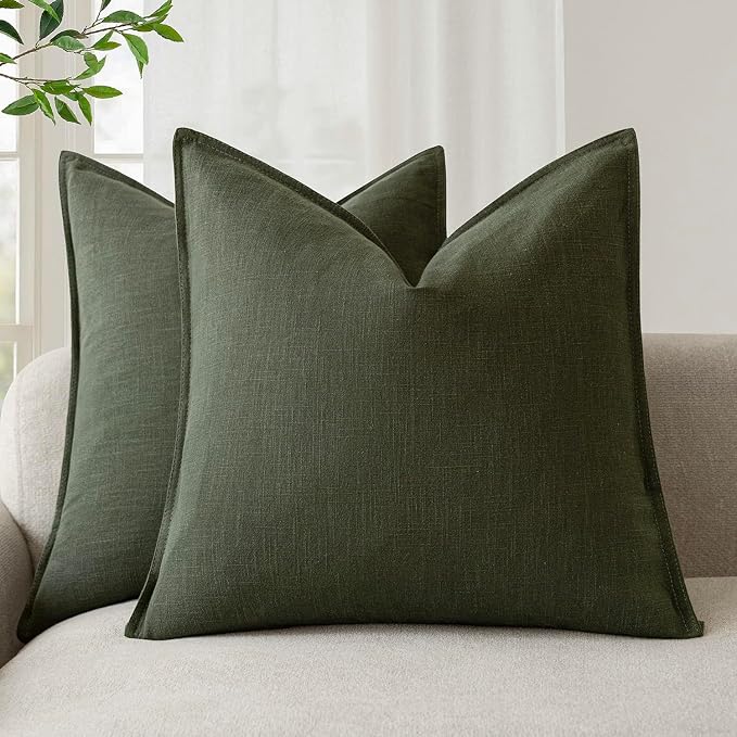 Foindtower Linen Solid Decorative Throw Pillow Cover 24x24 Inch Dark Green | Boho Farmhouse Morden Pillowcase,Pack of 2 Soft Accent Cushion Covers,Rustic Home Decor for Chair Couch Bedroom Living Room