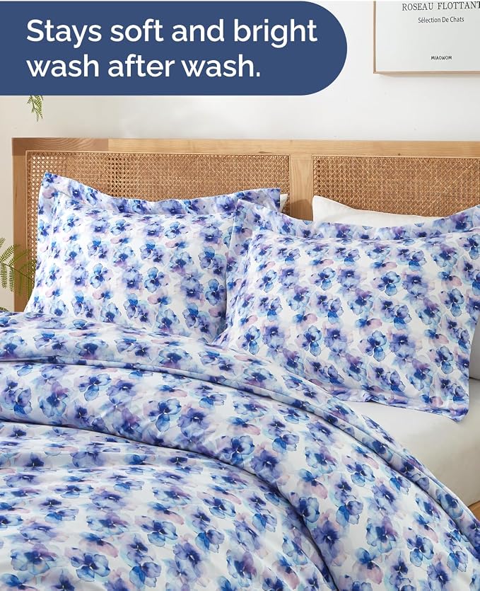 Duvet Cover Full Size - Floral Duvet Cover - 3 Piece - Blue Hydrangea | Soft Floral Duvet Cover 80 x 90 with 2 Pillow Shams, Zipper Closures & Ties, Floral Bedding for Women, Men, Kids & Teens