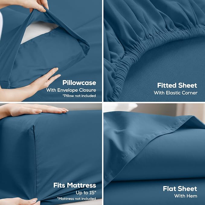 Full Sheets Set, 4 Pieces 16" Deep Pocket Hotel Luxury Bedsheets, Dusk Blue | Extra Soft Bedsheet Set, Comfy & Breathable Cooling Sheets, Wrinkle & Fade Resistant, Fitted Sheet, Flat Sheet, 2 Pillowcases