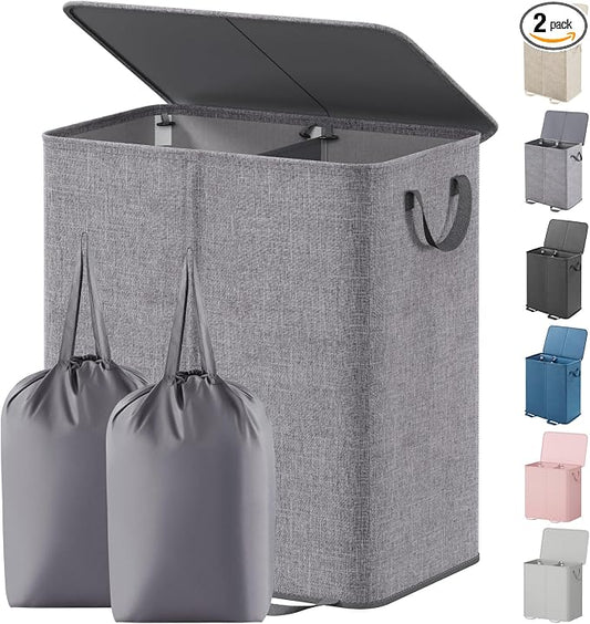 Lifewit Double Laundry Hamper with Lid and Removable Laundry Bags, Large Collapsible 2 Dividers Dirty Clothes Basket with Handles for Bedroom Laundry Room Closet Bathroom College, 155L Grey