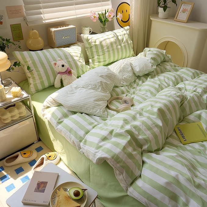 Green Striped Comforter Set Twin XL, 3 Piece Aesthetic Stripes Pattern Printed Comforter with 2 Pilliwcases, Soft Breathable Farmhouse Striped Bedding Comforter Lightweight Twin XL Comforter Set
