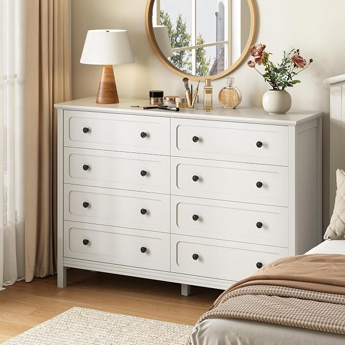 CARPETNAL 55" White Dresser for Bedroom with 8 Drawer & Deep Drawers | Large Storage Modern Chest of Drawers with Metal Handles for Living Room, Hallway
