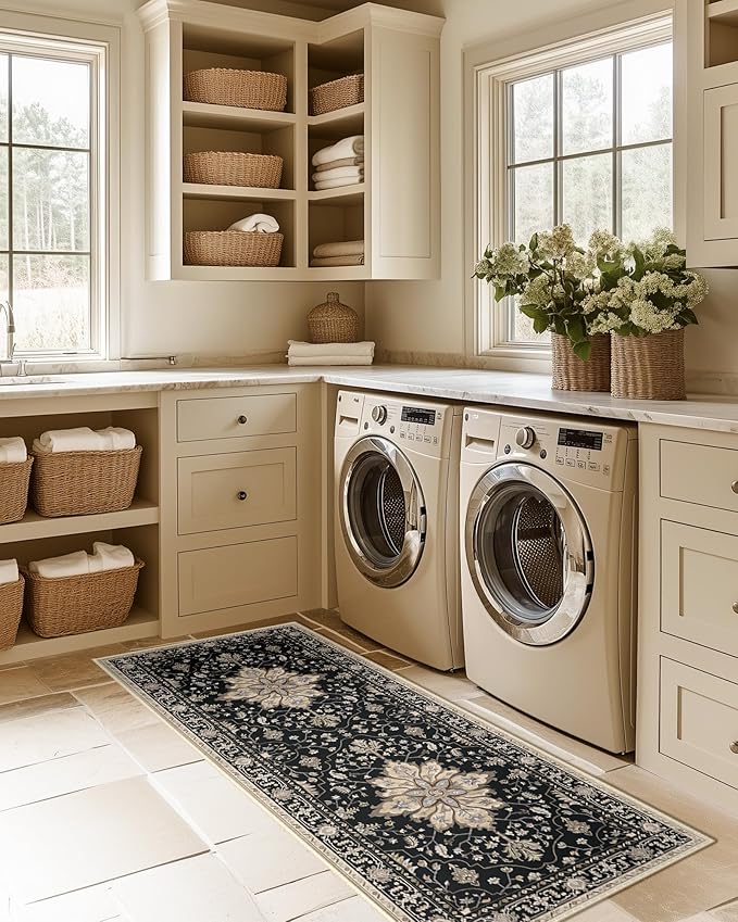 RELEANY Washable Area Rug, Runner 2'x5', Black/Neutral | Non-Slip, Water Repellent, Pet Friendly, Easy to Clean, Vintage Floral Boho Decor for Kitchen Entry Bedroom Bedside Laundry