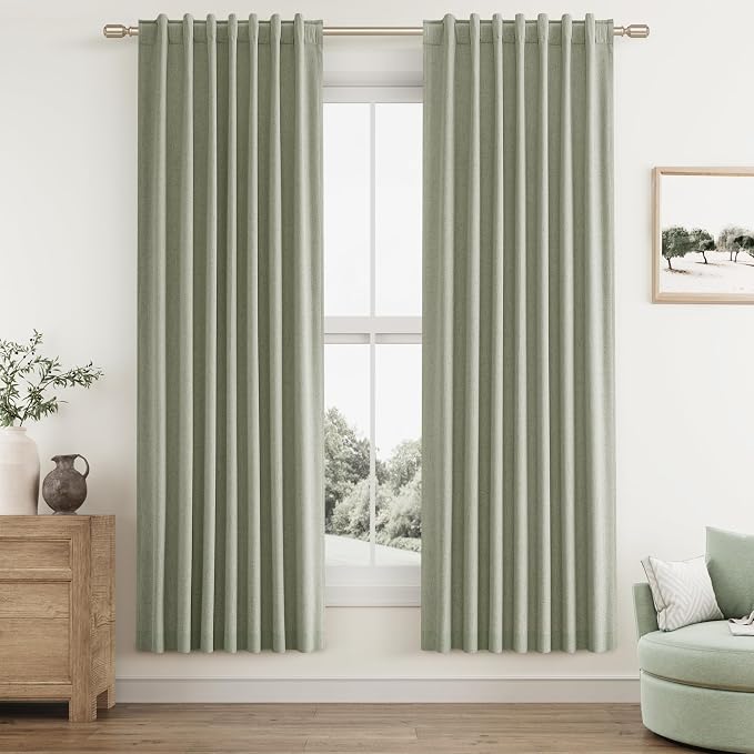 Sage Green 100% Blackout Linen Curtains 72 Inch Length 2 Panels Set for Living Room Bedroom Back Tab Thermal Insulated Black Out Drapes Room Darkening Farmhouse Window Curtains 72 Inches Long
