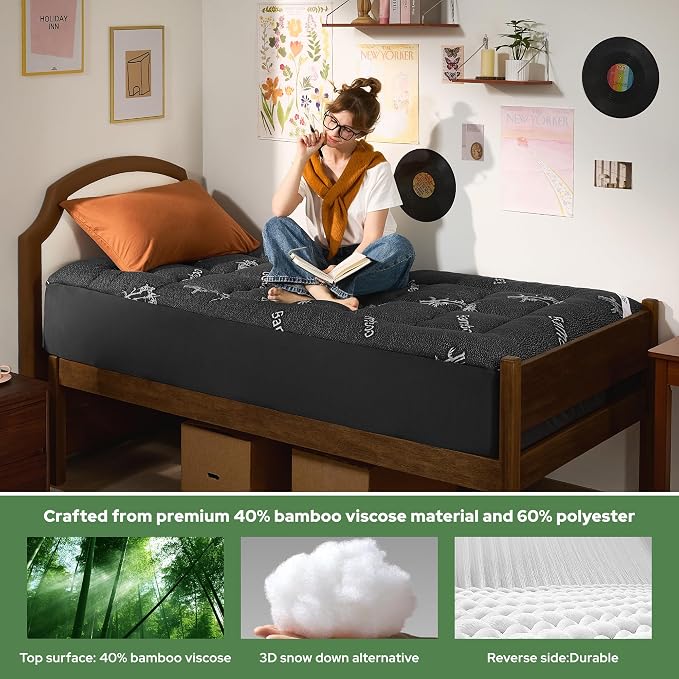 BEDLORE Twin XL Mattress Topper Viscose Bamboo, Pillow Top Mattress Pad | Deep Pockets Fit 6”-15” Mattress, Soft Breathable Thick Dorm-Size Mattress Topper for Students and Hot Sleepers(Dark Gray)