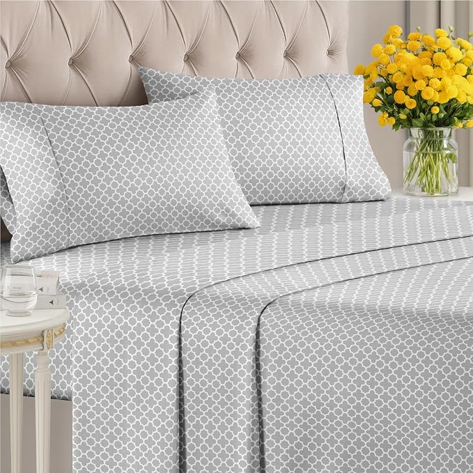 King 4 Piece Striped Sheet Set - Soft, Breathable & Cooling - Gray Clover | 1 Flat, 1 Fitted & 2 Pillowcases w/ Deep Pockets, Luxury Striped Bedding, Soft, Breathable & Cooling, Wrinkle & Fade Free